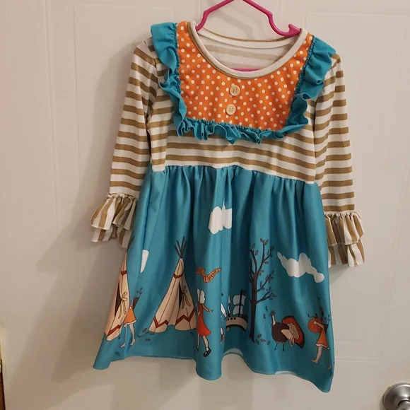 Boutique Dress Dresses | Boutique Little Pilgrim Dress (Thanksgiving Dress) | Color: Blue/Orange | Size: 2tg | Livanater1516's Closet